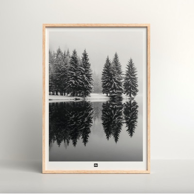 Foto in bianco e nero di un lago circondato da abeti con riflessi nell'acqua. Un moderno wall hanging invernale di design. Foto in bianco e nero di un lago circondato da abeti con riflessi nell'acqua. Un moderno wall hanging invernale di design.