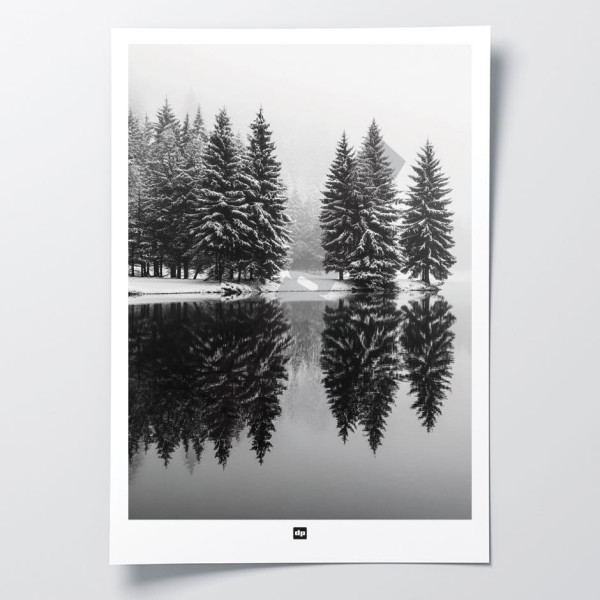 Photo noir et blanc d’un lac entouré de sapins avec reflets dans l’eau. Affiche murale d'hiver design et moderne.