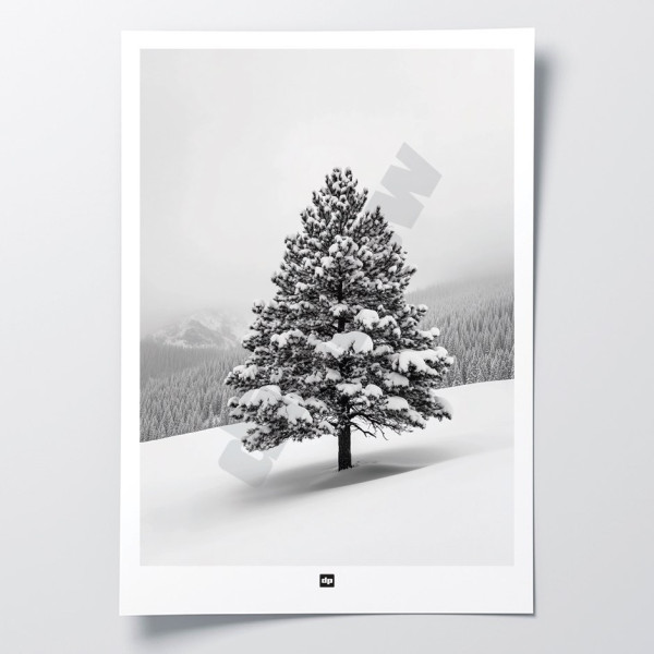 Foto in bianco e nero di un abete in un paesaggio montano innevato. Applique invernale moderna e di design.