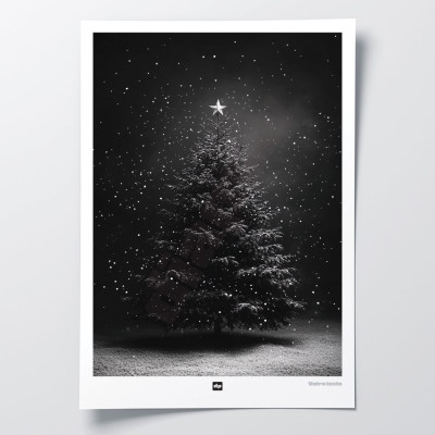 Photo noir et blanc d’un sapin avec des flocons de neige. Affiche murale d'hiver design et moderne. Photo noir et blanc d’un sapin avec des flocons de neige. Affiche murale d'hiver design et moderne.