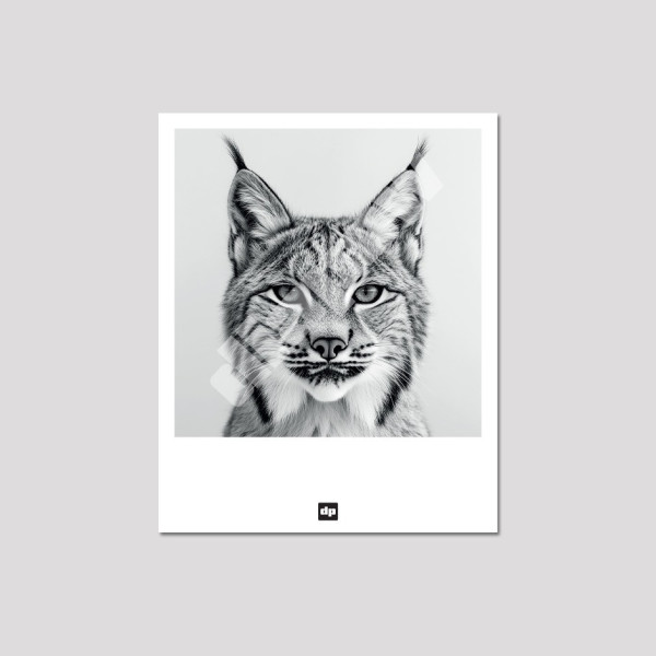 Carte postale noir et blanc d'un lynx, photo souvenir de montagne design et moderne.