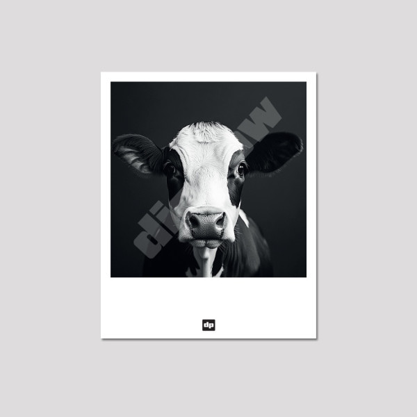 Carte postale noir et blanc d'une vache, photo souvenir de montagne design et moderne.