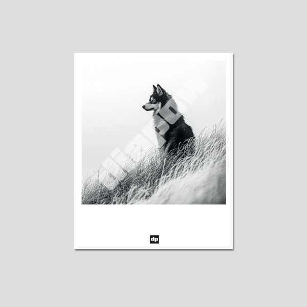 Carte postale noir et blanc d'un loup des prés, photo souvenir de montagne design et moderne.