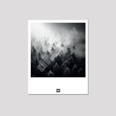 Photo noir et blanc d’une forêt sous la brume. Carte postale souvenir de montagne pour décoration intérieure moderne et design. Photo noir et blanc d’une forêt sous la brume. Carte postale souvenir de montagne pour décoration intérieure moderne et design.