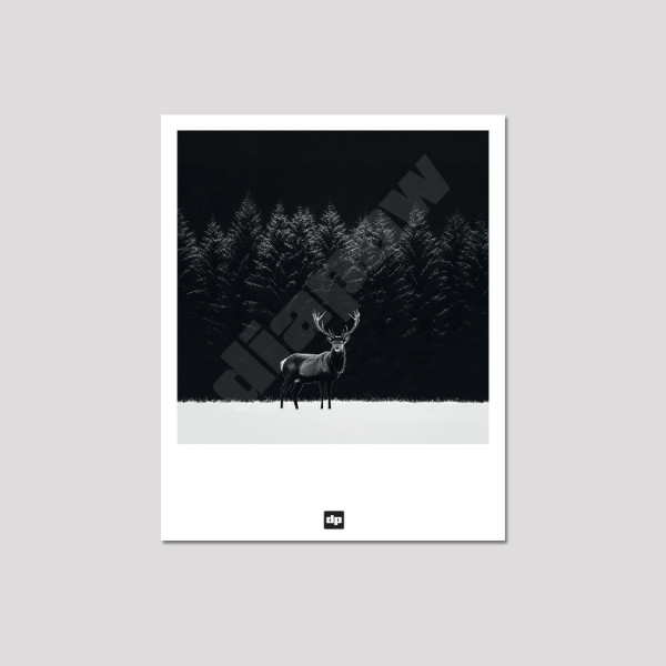 Carte postale noir et blanc, photographie d’un cerf majestueux dans une plaine d'herbe enneigée avec une forêt en fond.