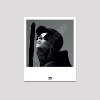 Black and white photo of a skier. Modern, designer mountain souvenir postcard. Black and white photo of a skier. Modern, designer mountain souvenir postcard.