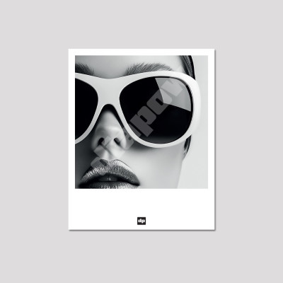 Photo noir et blanc représentant le visage d’une femme portant des lunettes de soleil. Carte postale souvenir de montagne.
