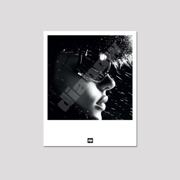 Black and white photo of a chic skier. Modern, designer mountain souvenir postcard.