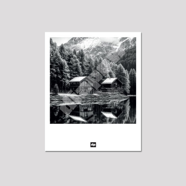 Carte postale noir et blanc, photographie d'une cabane au milieu d'un lac, entourée de forêt et de montagnes enneigées.