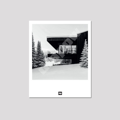 Cartolina in bianco e nero, fotografia di uno chalet di lusso in montagna, circondato da neve e abeti, un souvenir di montagna. Cartolina in bianco e nero, fotografia di uno chalet di lusso in montagna, circondato da neve e abeti, un souvenir di montagna.