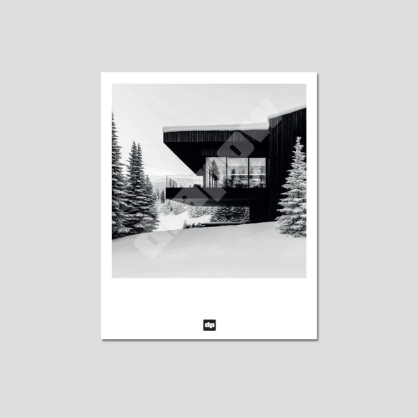 Carte postale noir et blanc, photographie d'un chalet de luxe dans la montagne, entre neige et sapins, souvenir de montagne.
