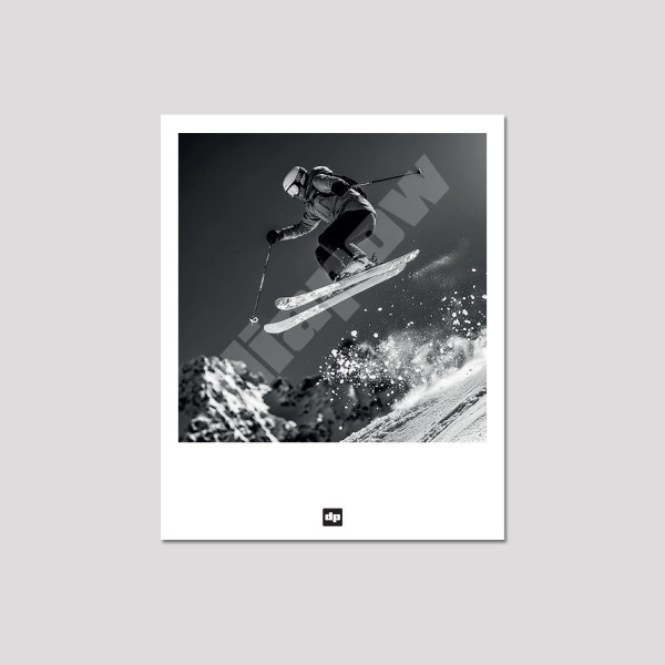 Skieur en saut dans la poudreuse, photo noir et blanc dynamique, carte postale pour souvenir de montagne design et moderne.