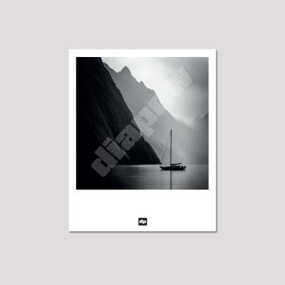 Photo noir et blanc d'un voilier entre monts et mer. Carte postale design et moderne pour souvenir de vacance. Photo noir et blanc d'un voilier entre monts et mer. Carte postale design et moderne pour souvenir de vacance.
