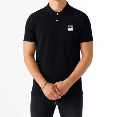 Black Blackpeuf polo 100% organic cotton – chic style with illustrated mountain design