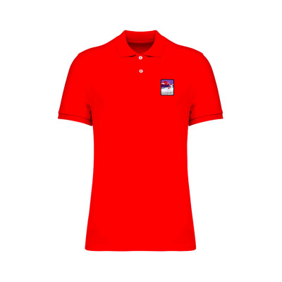 Red Blackpeuf polo in organic cotton with mountain patch – designer clothing inspired by Savoie