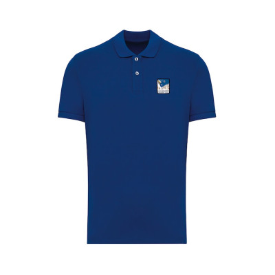 Blaues Blackpeuf-Polo aus Bio-Baumwolle – Bergmode mit ikonischem, illustriertem Patch