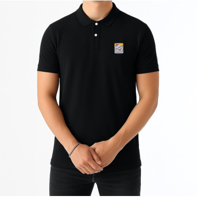 Polo noir Blackpeuf 100 % coton bio – style chic avec patch illustré univers montagne