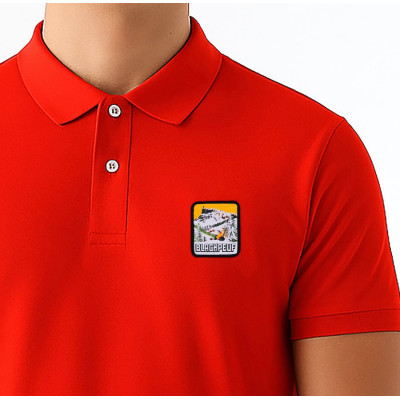 Red Blackpeuf polo in organic cotton with mountain patch – designer clothing inspired by Savoie