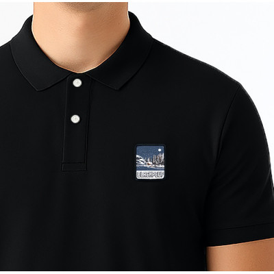 Black Blackpeuf polo 100% organic cotton – chic style with illustrated mountain design