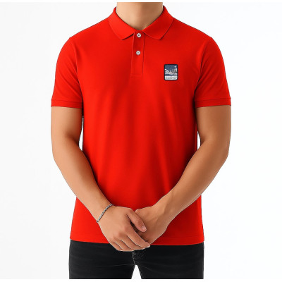 Red Blackpeuf polo in organic cotton with mountain patch – designer clothing inspired by Savoie