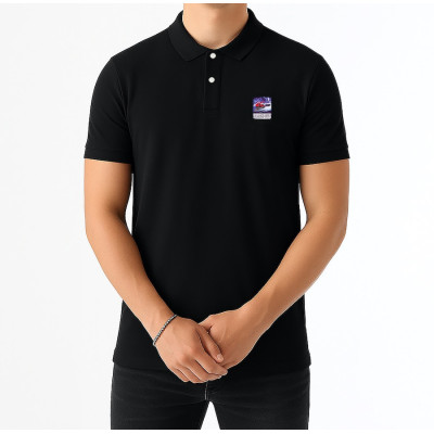 Black Blackpeuf polo 100% organic cotton – chic style with illustrated mountain design
