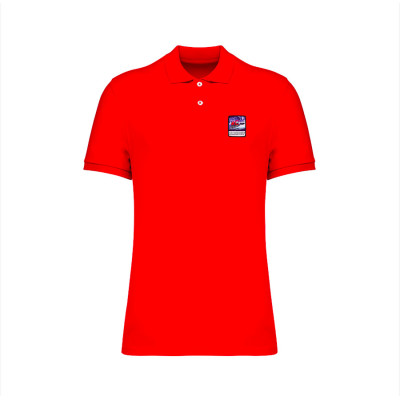 Red Blackpeuf polo in organic cotton with mountain patch – designer clothing inspired by Savoie