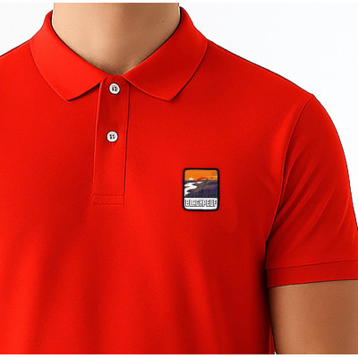 Red Blackpeuf polo in organic cotton with mountain patch – designer clothing inspired by Savoie