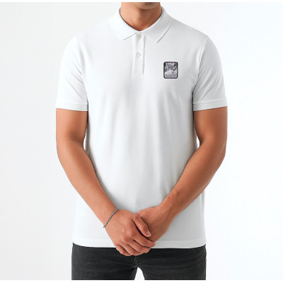 White Blackpeuf polo organic cotton – premium polo with decorative mountain motif