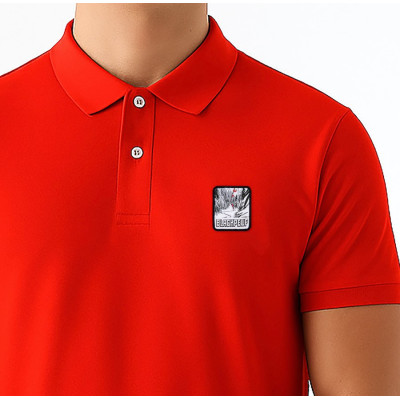 Red Blackpeuf polo in organic cotton with mountain patch – designer clothing inspired by Savoie