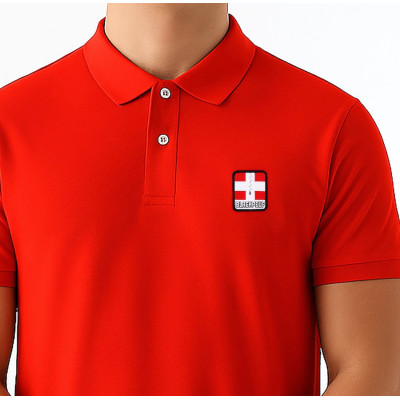 Red Blackpeuf polo in organic cotton with mountain patch – designer clothing inspired by Savoie