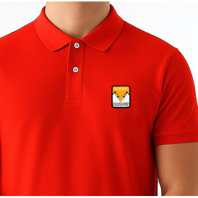 Red Blackpeuf polo in organic cotton with mountain patch – designer clothing inspired by Savoie