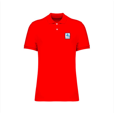 Red Blackpeuf polo in organic cotton with mountain patch – designer clothing inspired by Savoie