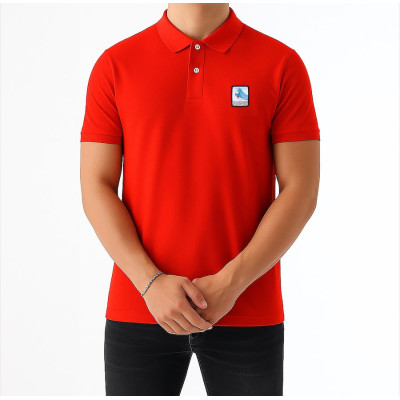 Red Blackpeuf polo in organic cotton with mountain patch – designer clothing inspired by Savoie