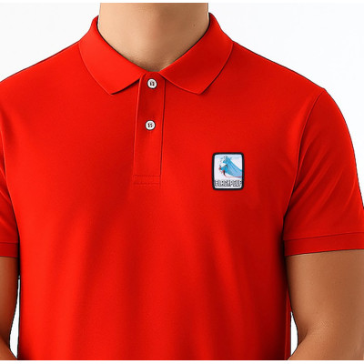 Red Blackpeuf polo in organic cotton with mountain patch – designer clothing inspired by Savoie
