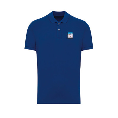 Blaues Blackpeuf-Polo aus Bio-Baumwolle – Bergmode mit ikonischem, illustriertem Patch