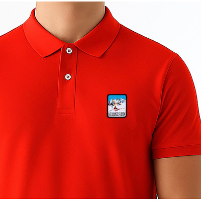 Red Blackpeuf polo in organic cotton with mountain patch – designer clothing inspired by Savoie
