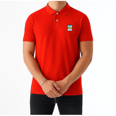 Red Blackpeuf polo in organic cotton with mountain patch – designer clothing inspired by Savoie