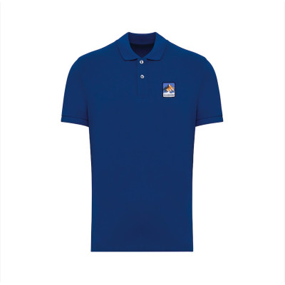 Polo blu Blackpeuf in cotone biologico – moda montagna con patch iconico illustrato