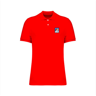 Red Blackpeuf polo in organic cotton with mountain patch – designer clothing inspired by Savoie
