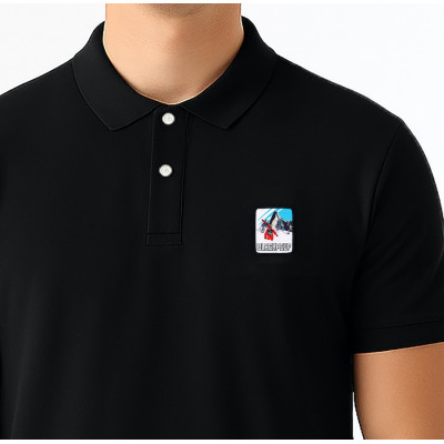 Black Blackpeuf polo 100% organic cotton – chic style with illustrated mountain design