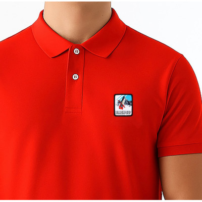 Red Blackpeuf polo in organic cotton with mountain patch – designer clothing inspired by Savoie