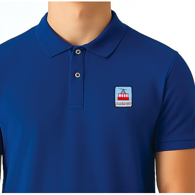 Blaues Blackpeuf-Polo aus Bio-Baumwolle – Bergmode mit ikonischem, illustriertem Patch