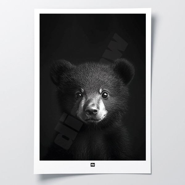Schwarz-Weiß-Poster, minimalistische Fotografie, Design-Wanddekoration eines Braunbär-Babys für moderne Innenräume.