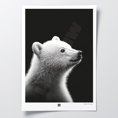 Schwarz-Weiß-Poster, minimalistische Fotografie, Design-Wanddekoration eines Eisbärenbabys für moderne Innenräume. Schwarz-Weiß-Poster, minimalistische Fotografie, Design-Wanddekoration eines Eisbärenbabys für moderne Innenräume.