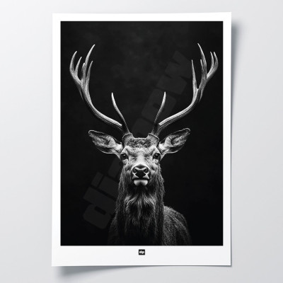 Black and white poster, minimalist photography, design wall decoration of a wood deer for modern interiors.