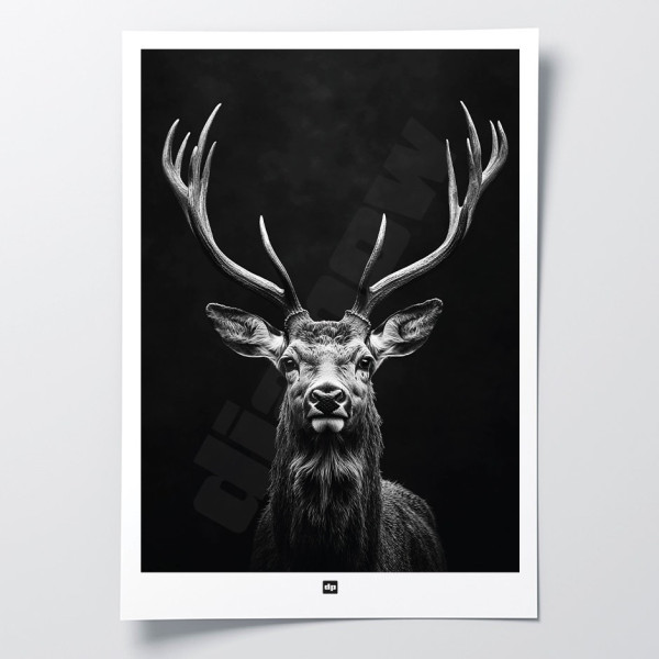 Black and white poster, minimalist photography, design wall decoration of a wood deer for modern interiors.