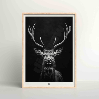 Black and white poster, minimalist photography, design wall decoration of a wood deer for modern interiors.