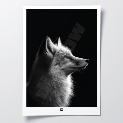 Schwarz-Weiß-Poster, minimalistische Fotografie, Design-Wanddekoration eines Fuchses für moderne Innenräume. Schwarz-Weiß-Poster, minimalistische Fotografie, Design-Wanddekoration eines Fuchses für moderne Innenräume.