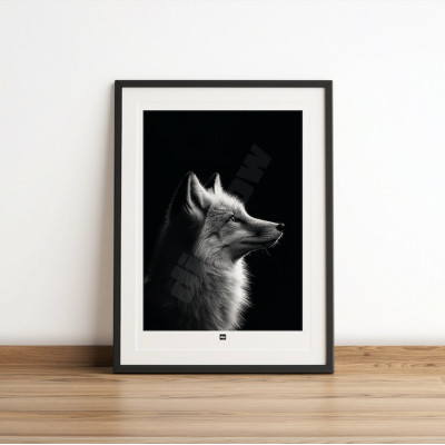 Schwarz-Weiß-Poster, minimalistische Fotografie, Design-Wanddekoration eines Fuchses für moderne Innenräume. Schwarz-Weiß-Poster, minimalistische Fotografie, Design-Wanddekoration eines Fuchses für moderne Innenräume.