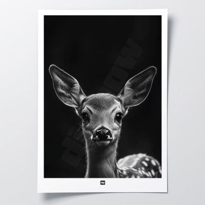 Black and white poster, minimalist photography, design wall decoration of a small fawn for a modern interior.